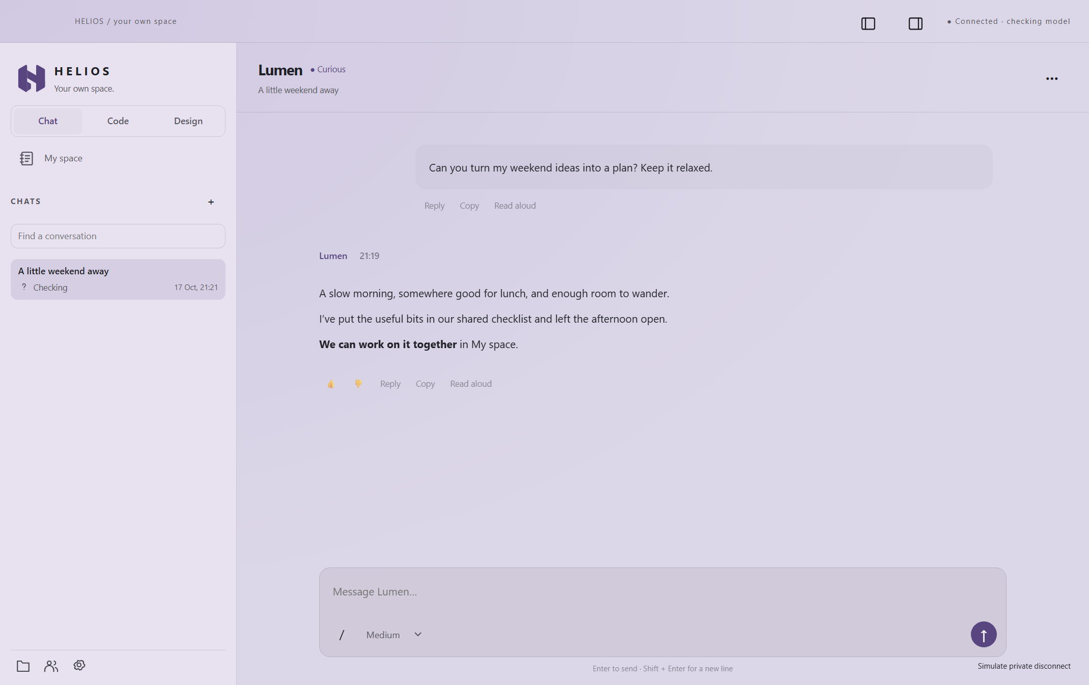 The Helios desktop workspace showing an example conversation